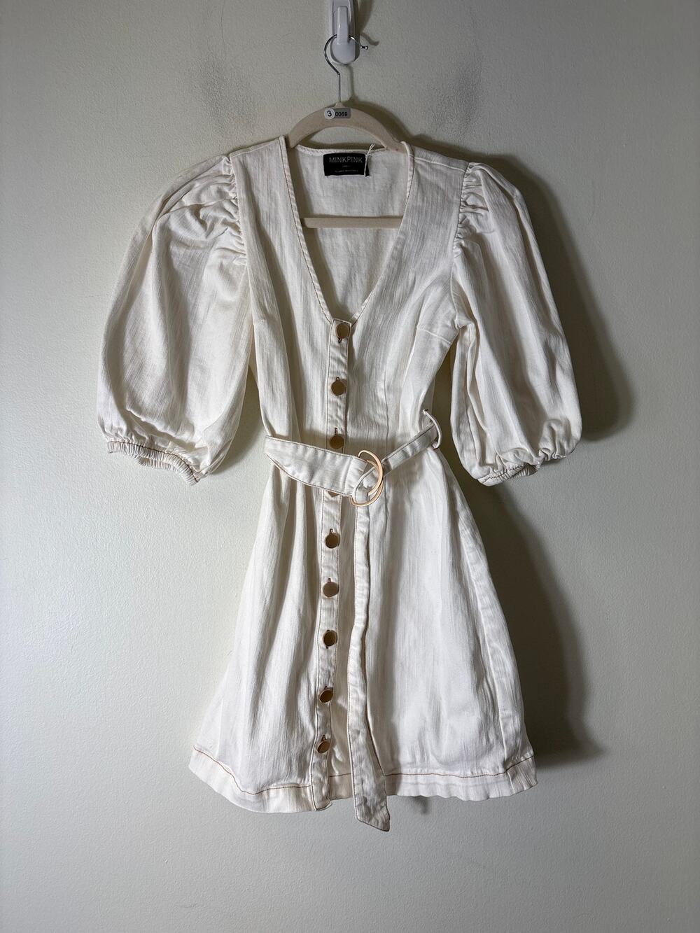Mink Pink White Half Puff Sleeve Button Up Mini Dress Sz S